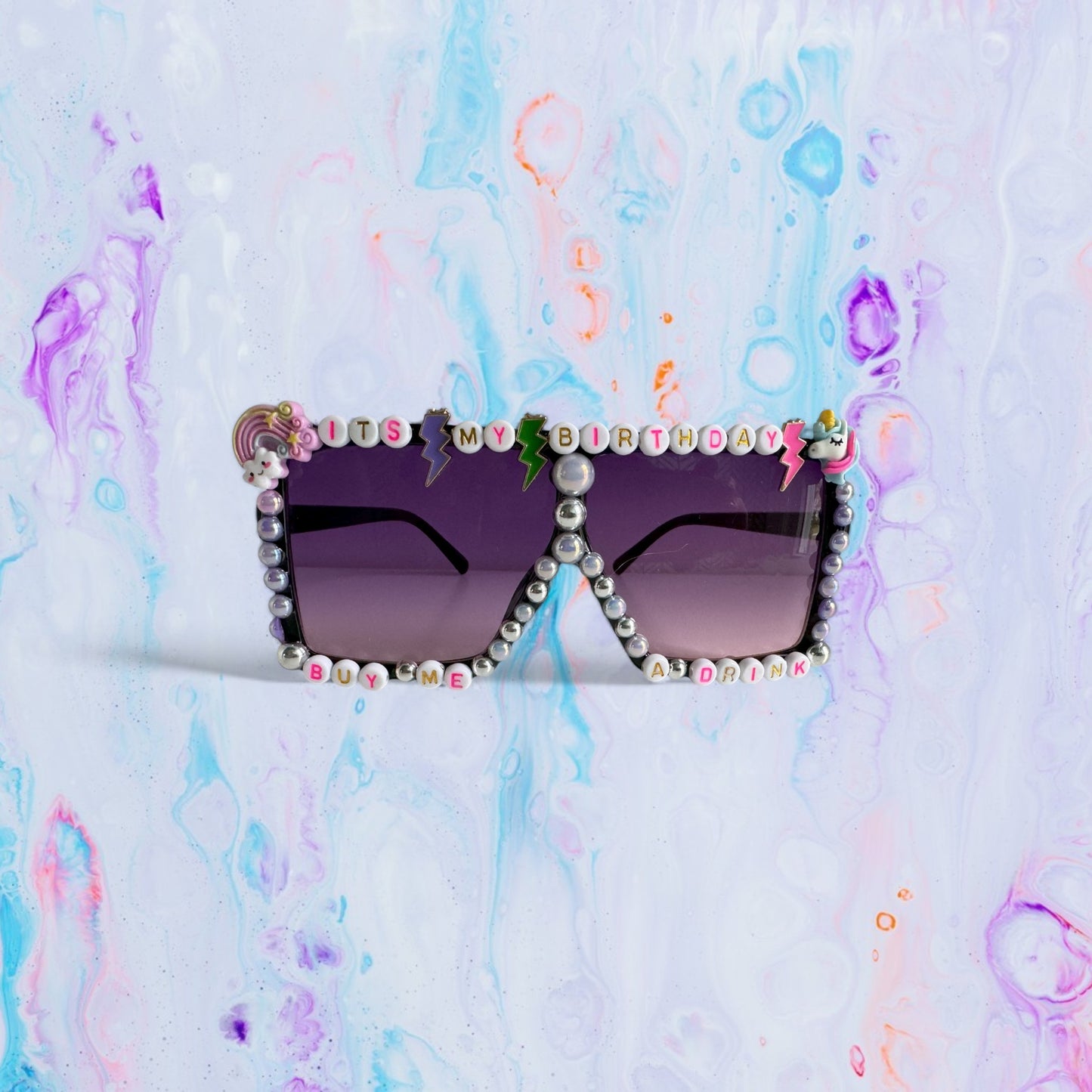 XL purple Square Birthday Sunglasses say Buy me a drink