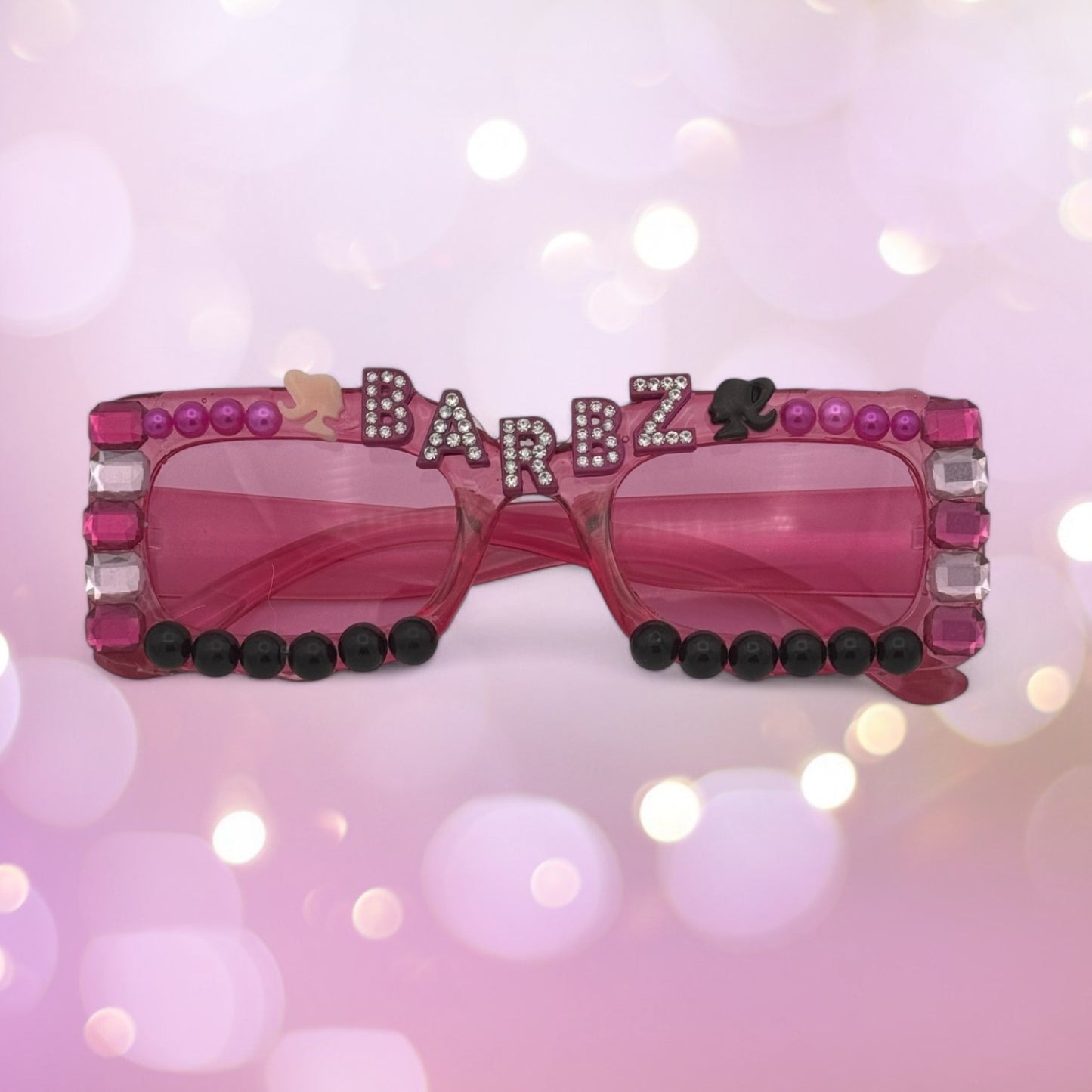 Pink Rectangle Sunglasses that say BARBZ rhinestone letters