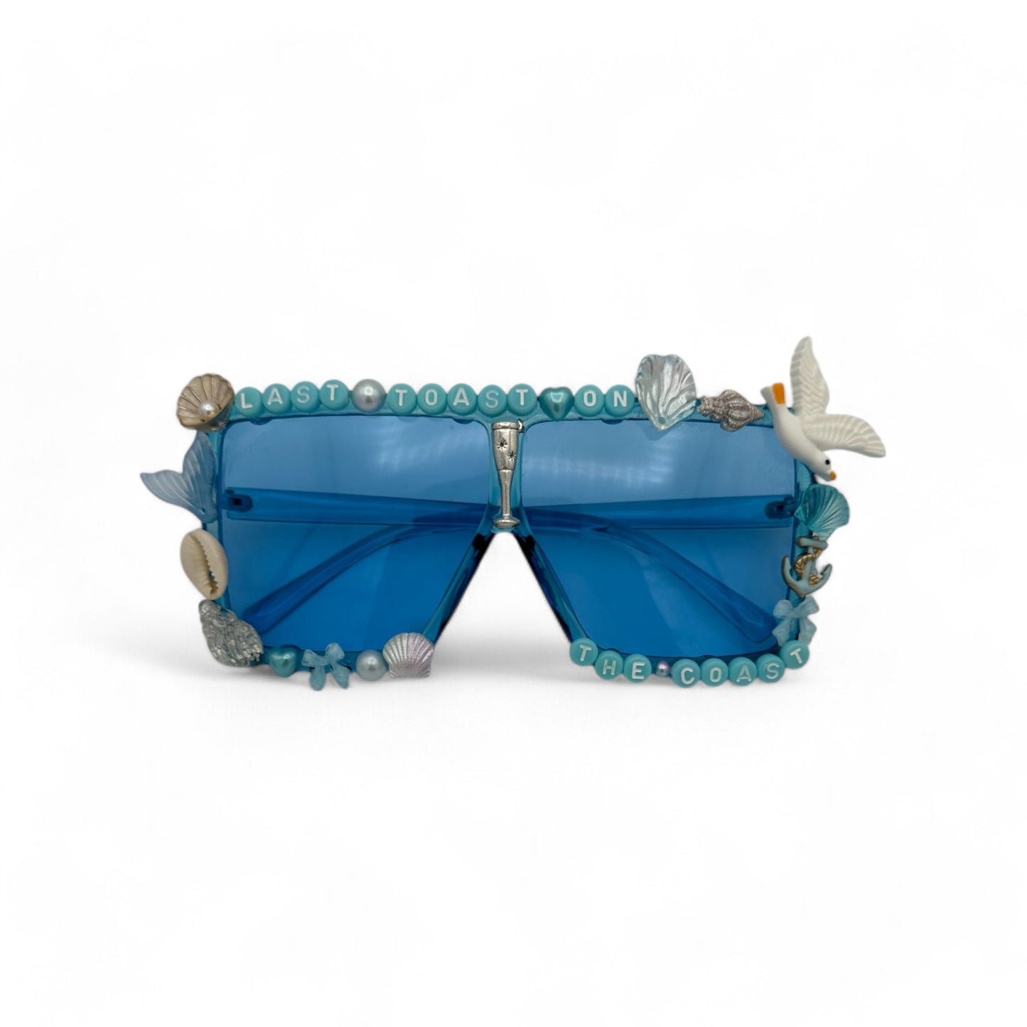 Blue XL Square Sunglasses with shells, birds and pearls