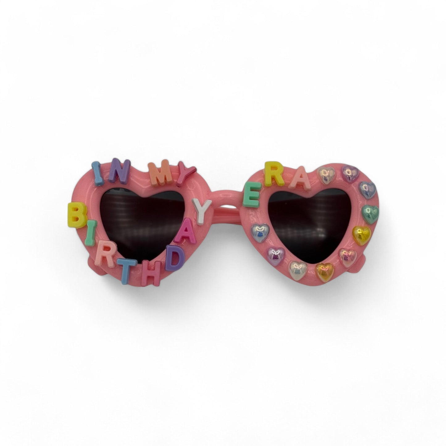 Pink heart sunglasses say in my birthday era in pastel