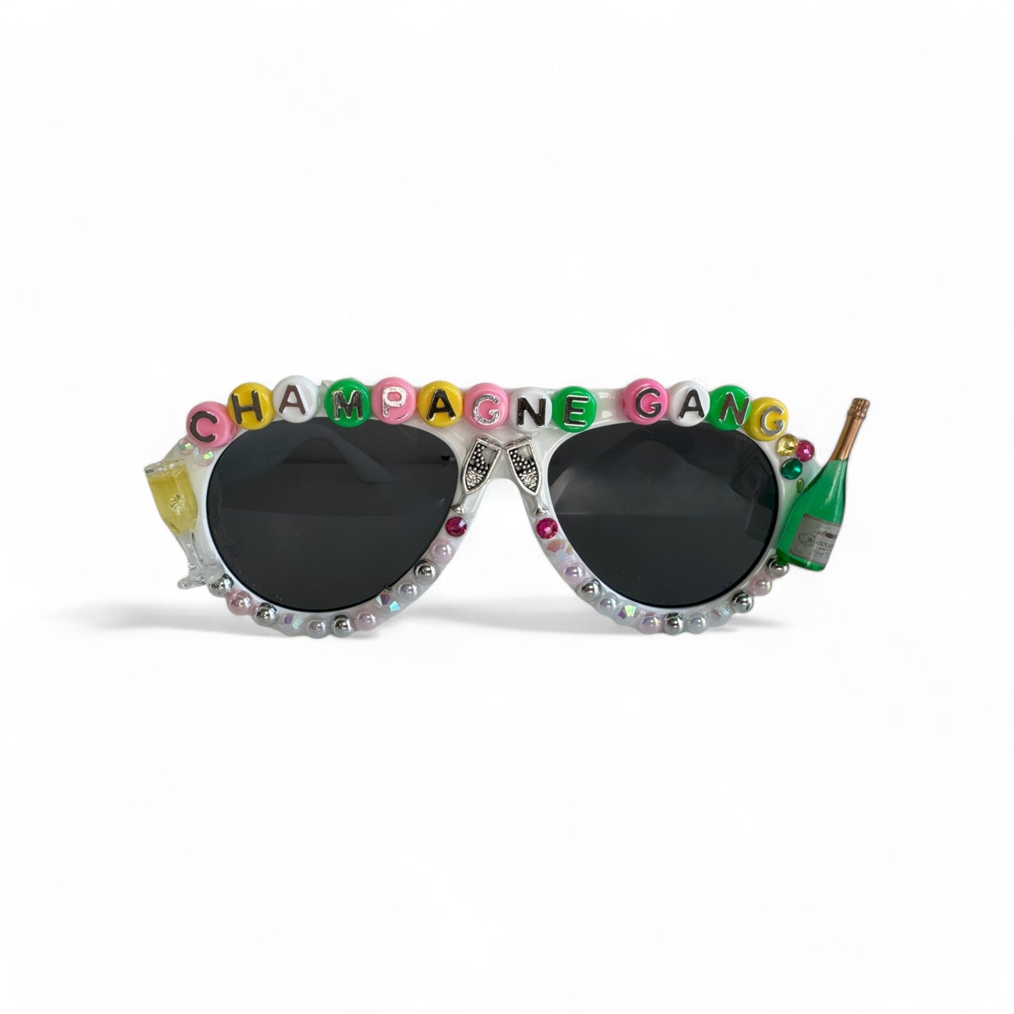 white aviator retro sunglasses w champagne bottles