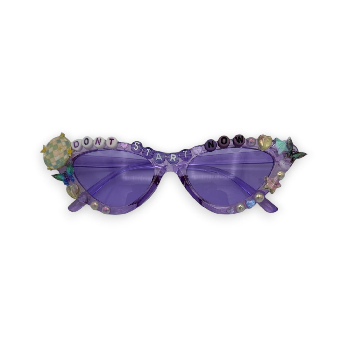 purple cat eye sunglasses with disco balls and butterflies