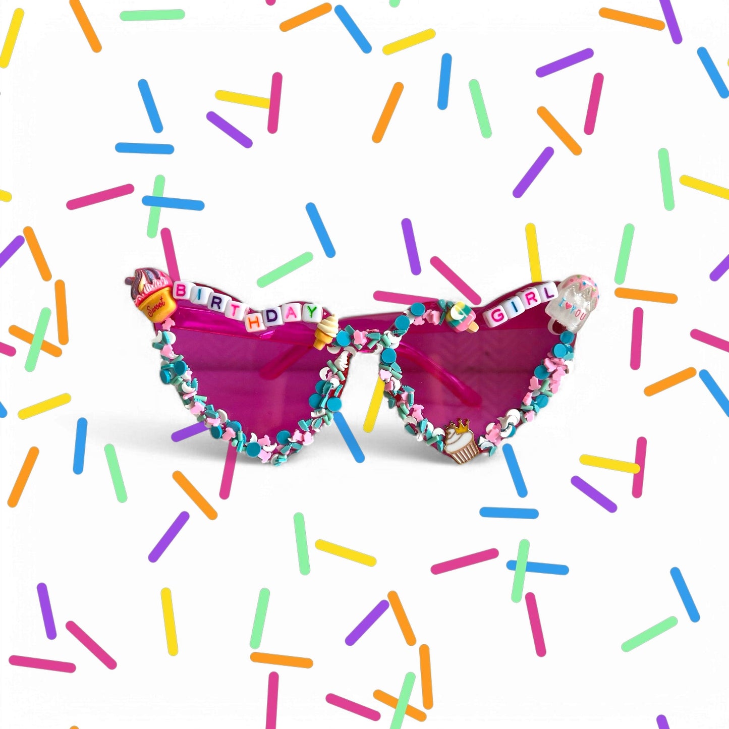 Pink heart sunglasses with sprinkles and ice cream