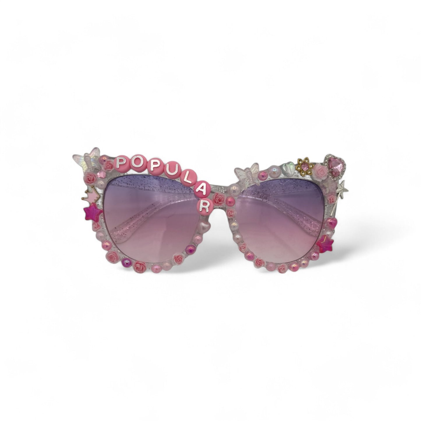 Silver sparkly oversized cate eye sunglasses w pink charms