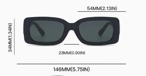 Black sunglasses with measurements on a white background