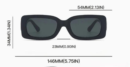 Black sunglasses with measurements on a white background