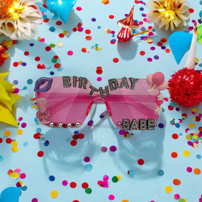 Pink Square Sunglasses Birthday Babe w rhinestone letters