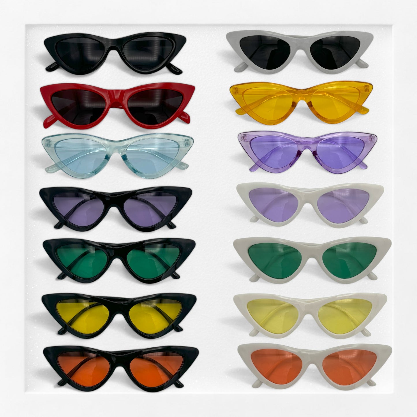 14 pair of cat eye sunglasses in multiple colors