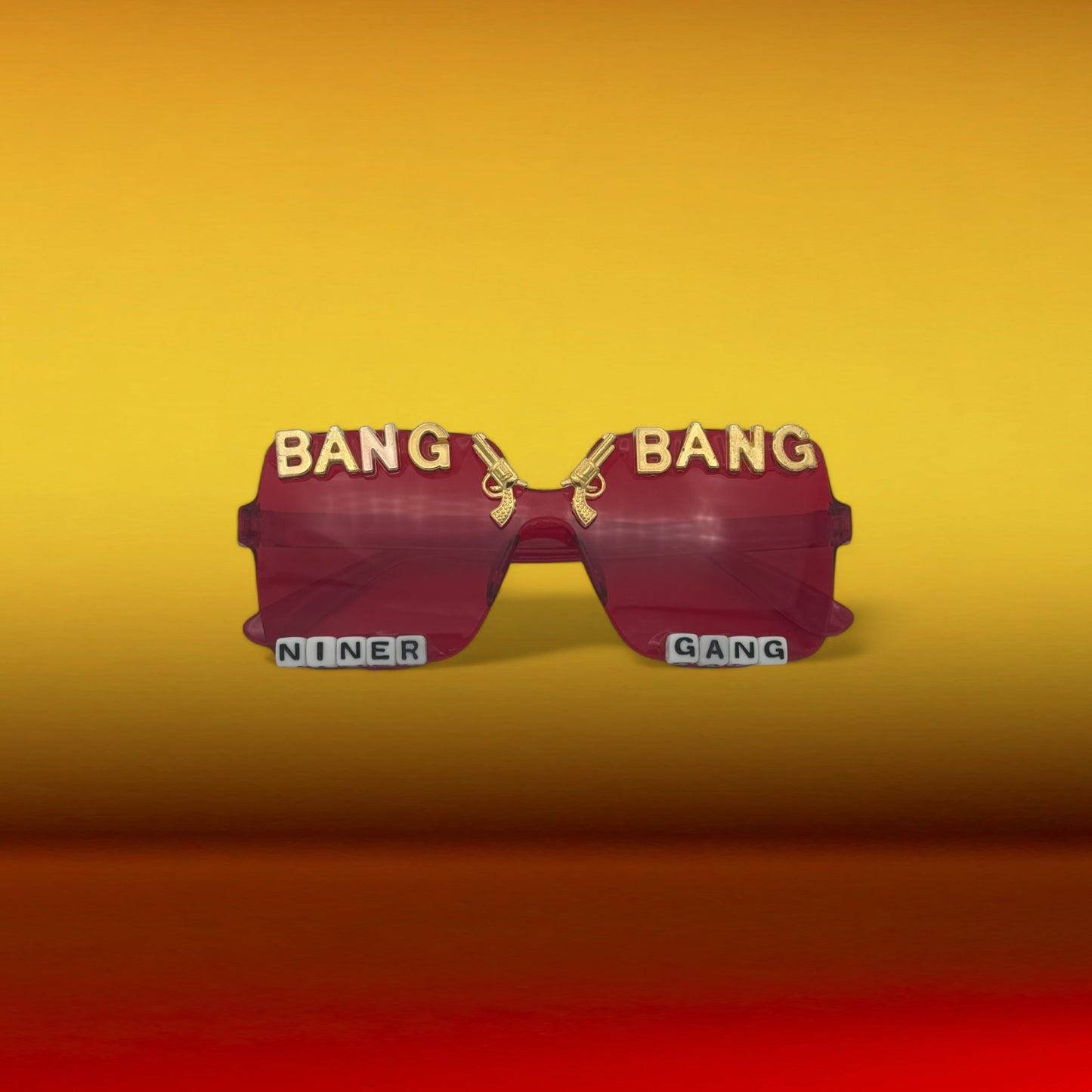 Red 49ers sunglasses that say Bang Bang Niner Gang in gold