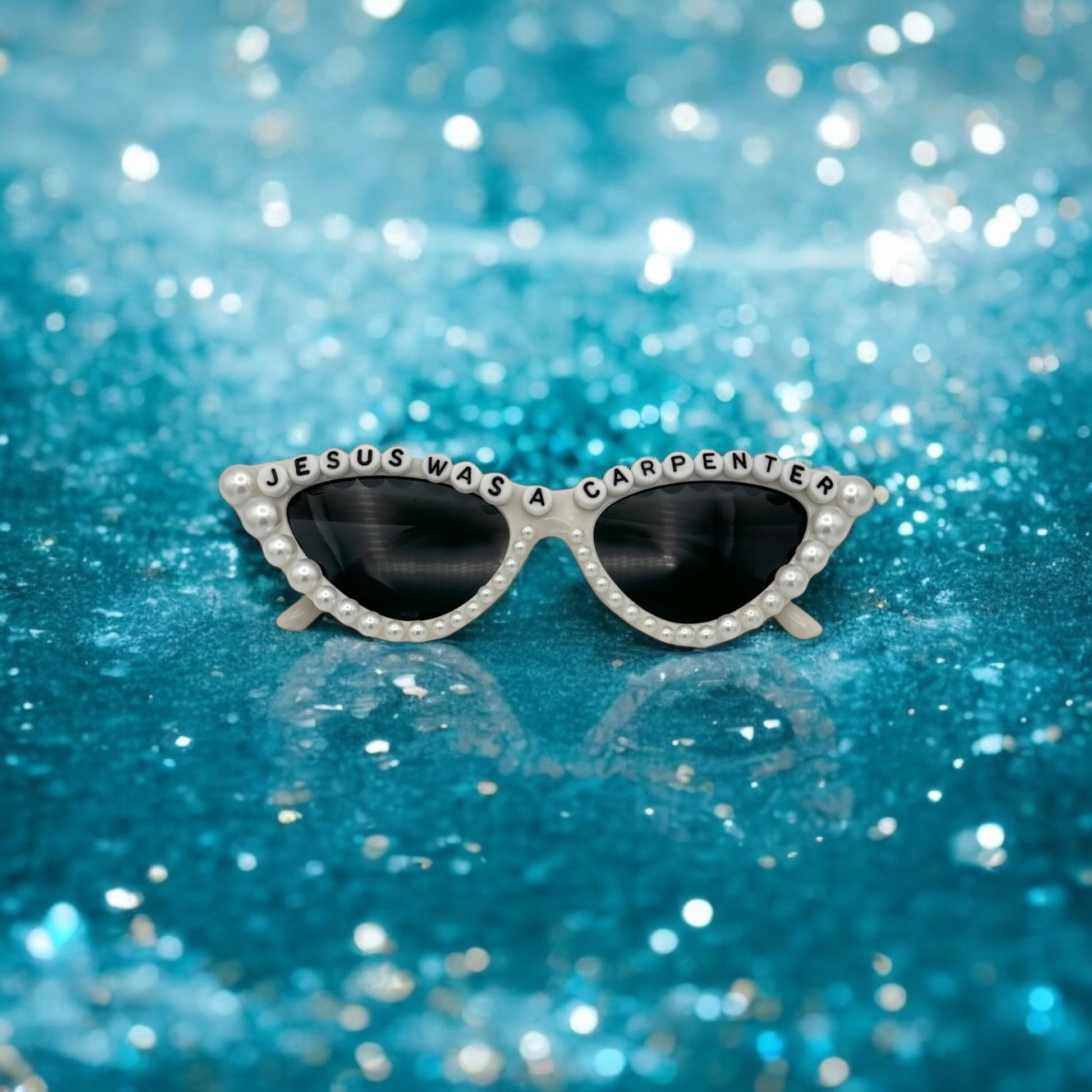 white cat eye sunglasses with pearl accents