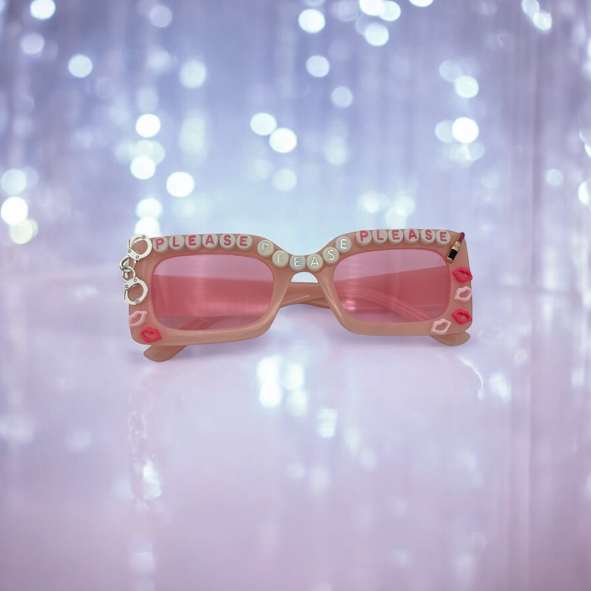 Pink Rectangle sunglasses w pink lens handcuffs lips