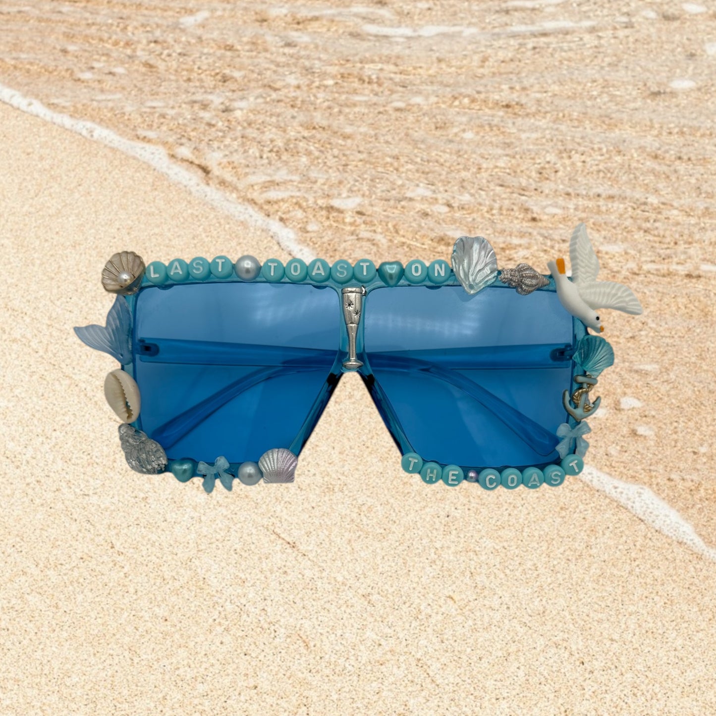 Blue XL Square Sunglasses with shells, birds and pearls