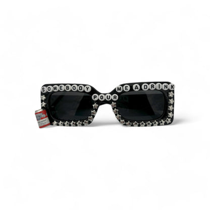 Black Rectangle sunglasses w silver stars and beer can