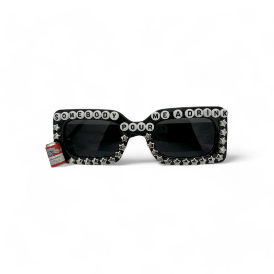 Black Rectangle sunglasses w silver stars and beer can