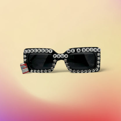 Black Rectangle sunglasses w silver stars and beer can