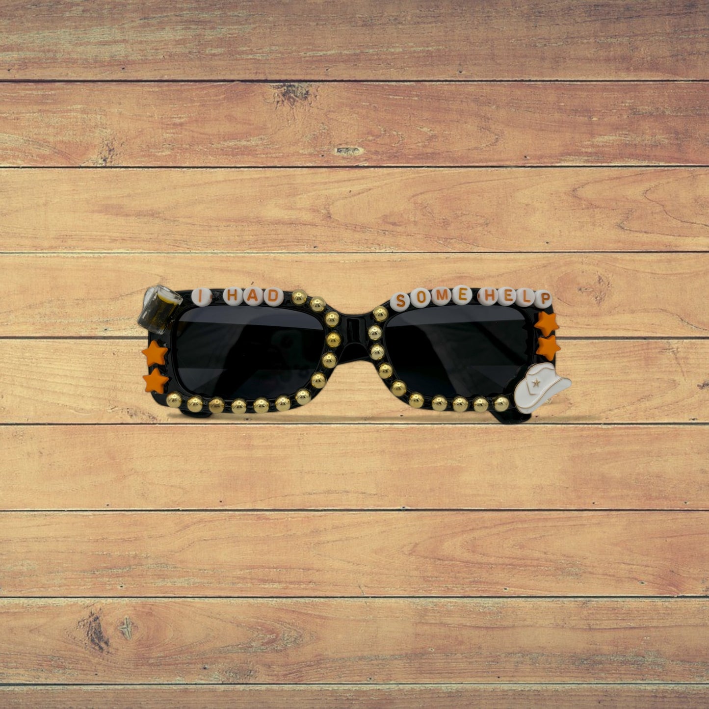 Black Rectangle sunglasses with western charms gold beads