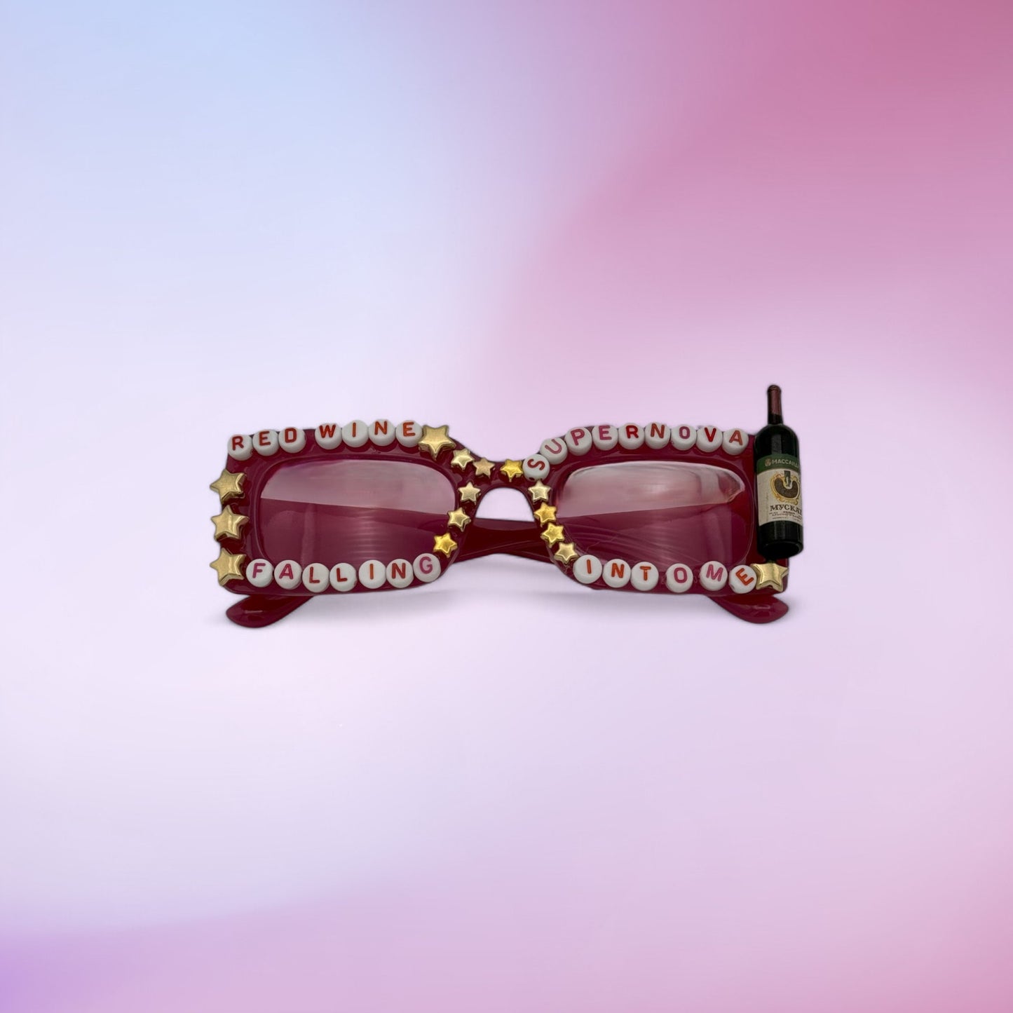 Light red rectangle sunglasses red lens wine bottle accent 