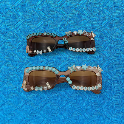 Brown rectangle sunglasses w blue accents espresso martini