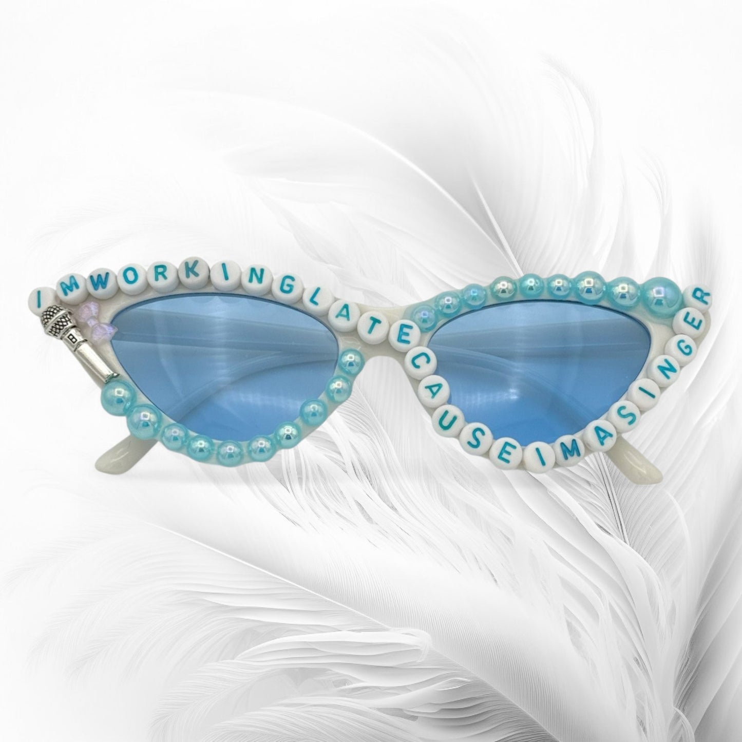 White cat eye sunglasses with blue lens blue accents