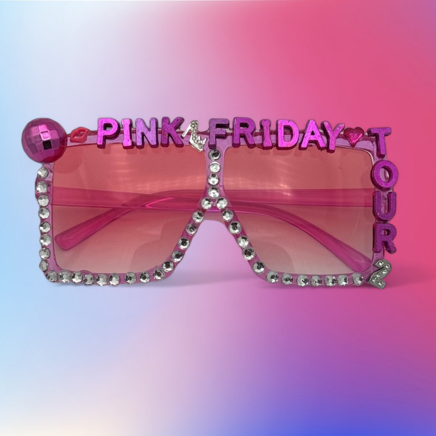 Pink XL square sunglasses with pink lenses and disco ball