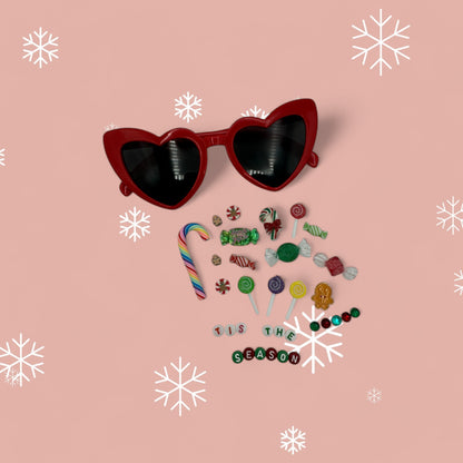 Red Retro heart sunglasses shown with candy kit