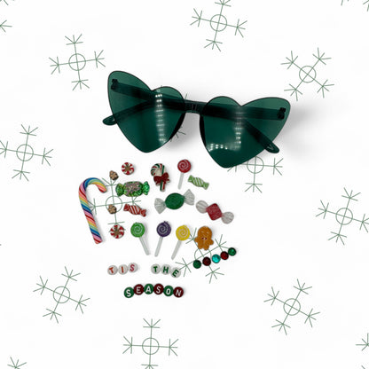 Green Retro heart sunglasses shown with candy kit