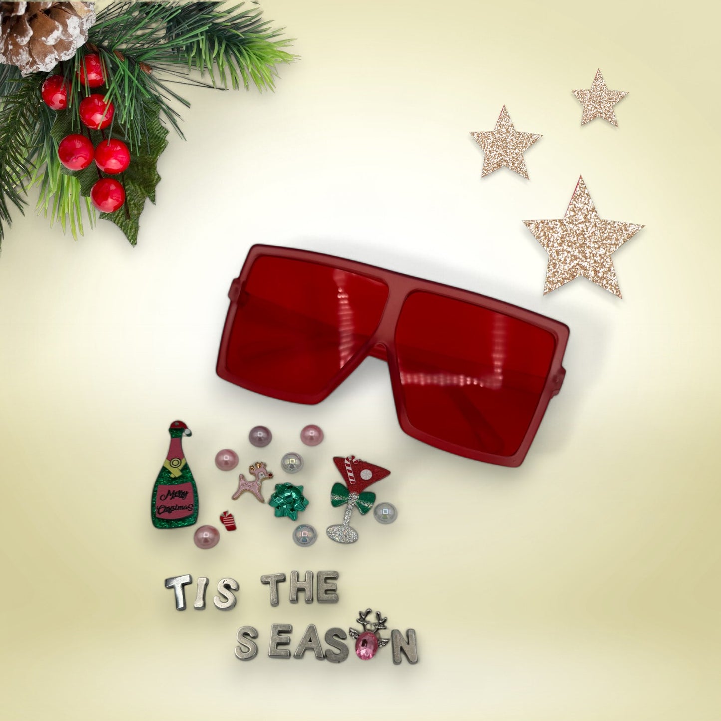 XL Square Red sunglasses shown with charms