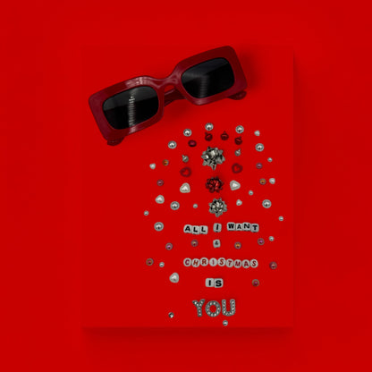 Red rectangle sunglasses shown with charms