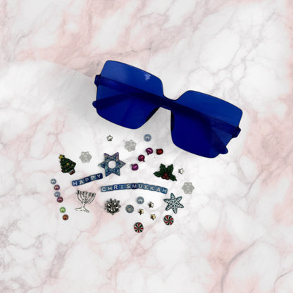 Blue square sunglasses w Chrismukkah Charms