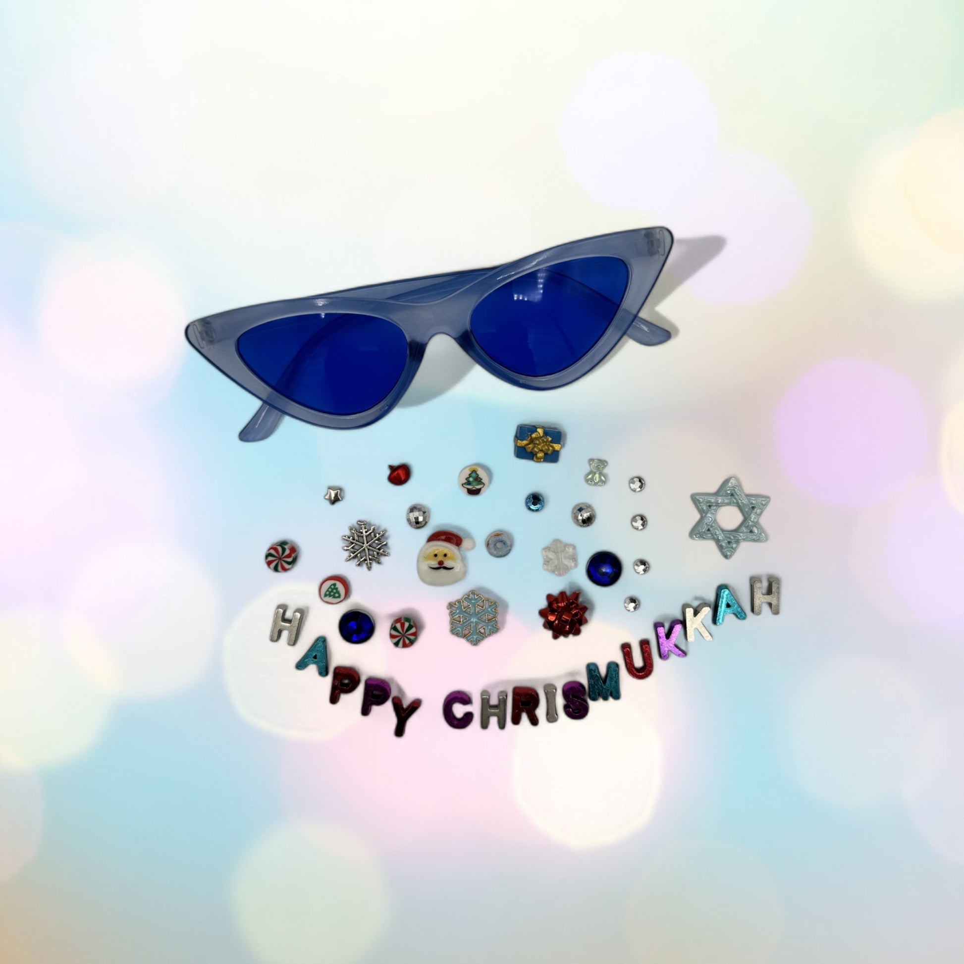 Blue cat eye sunglasses w Chrismukkah Charms