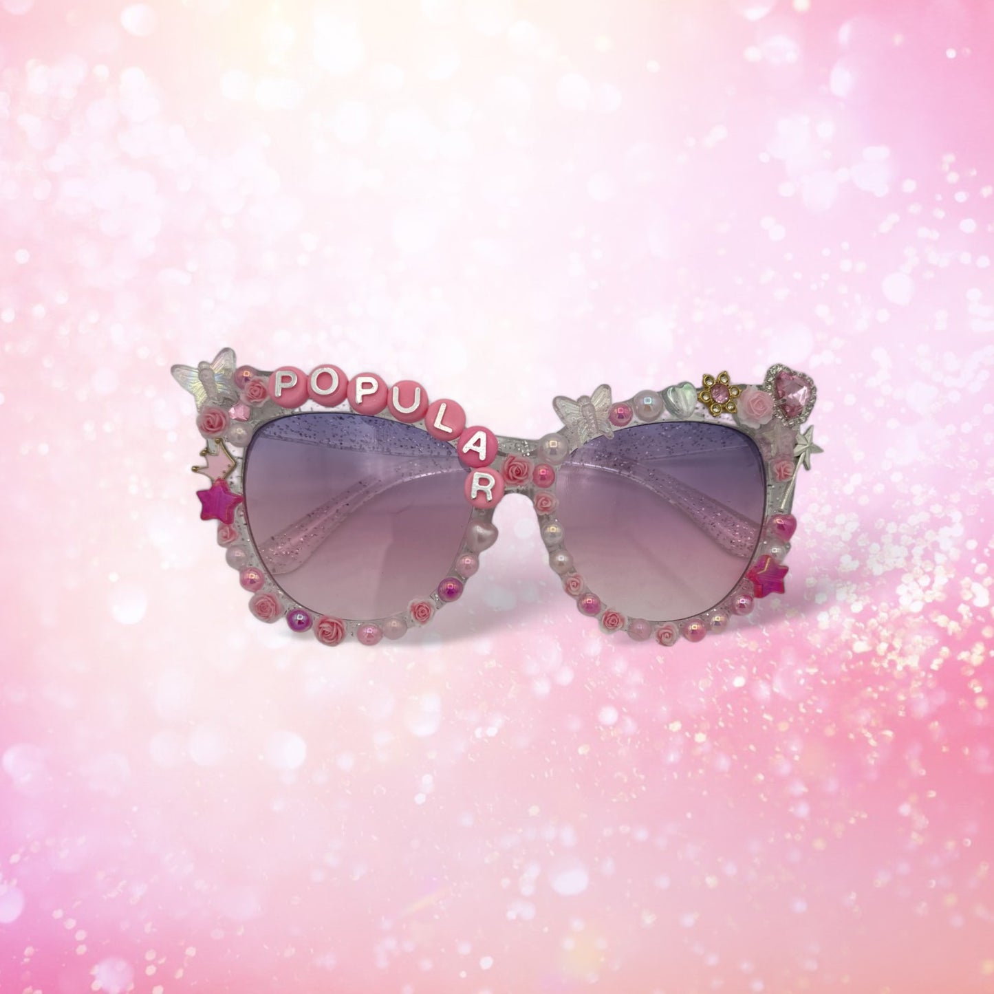 Silver sparkly oversized cate eye sunglasses w pink charms