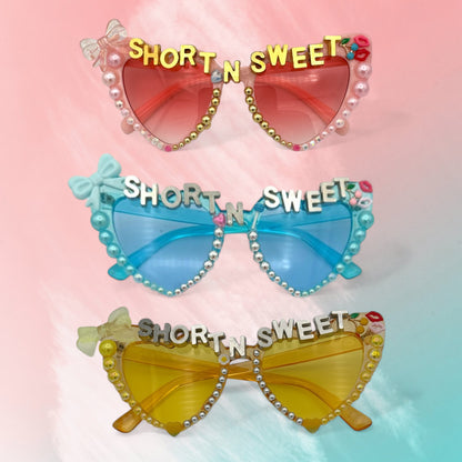 Pink Blue Yellow Heart sunglasses with bow and pearl accents