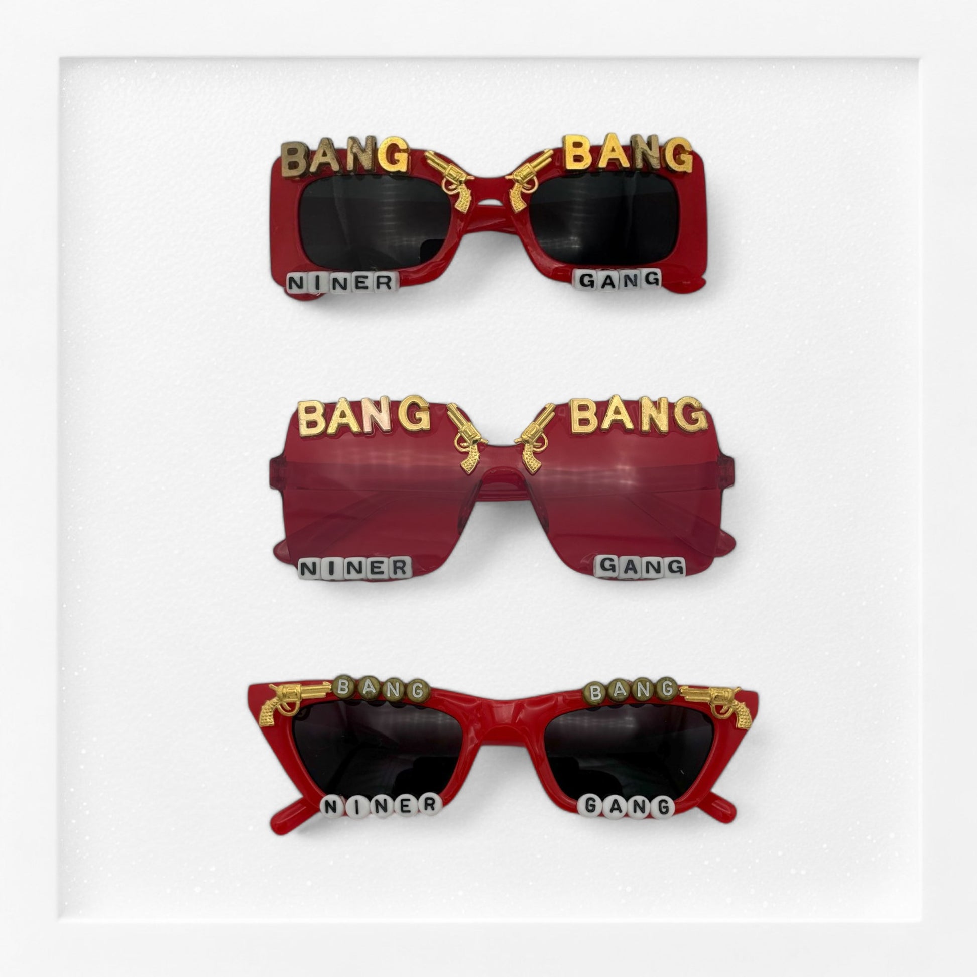 3 pair Bang Bang Niner Gang 49ers sunglasses w gold letters