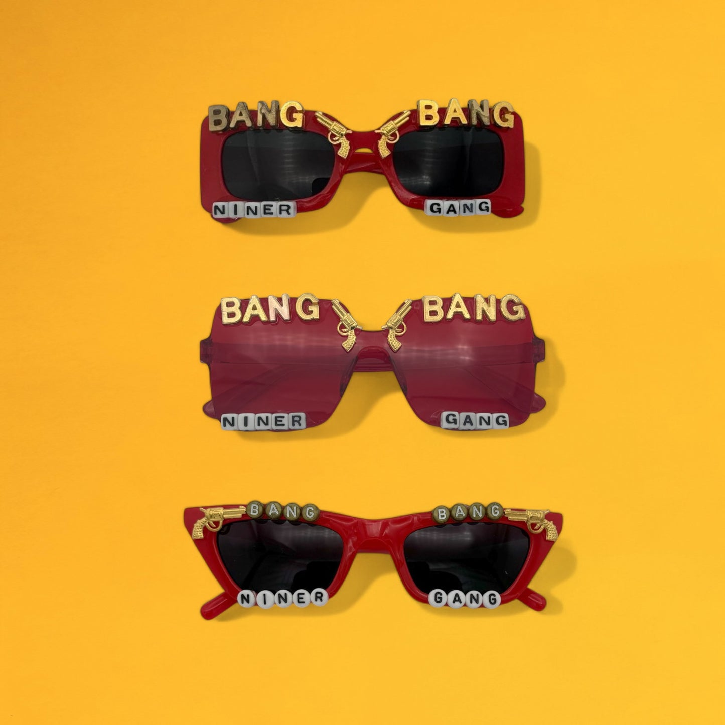 3 pair Bang Bang Niner Gang 49ers sunglasses w gold letters