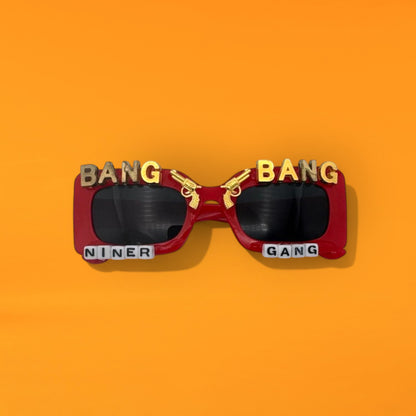 Red 49ers  sunglasses with Bang Bang Niner Gang in gold