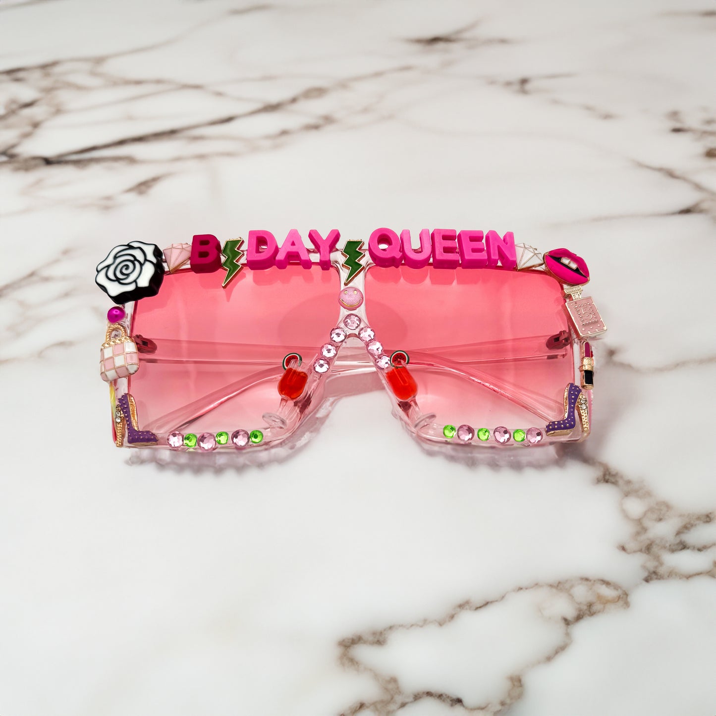 XL Square pink birthday sunglasses with flowers shoes drinks