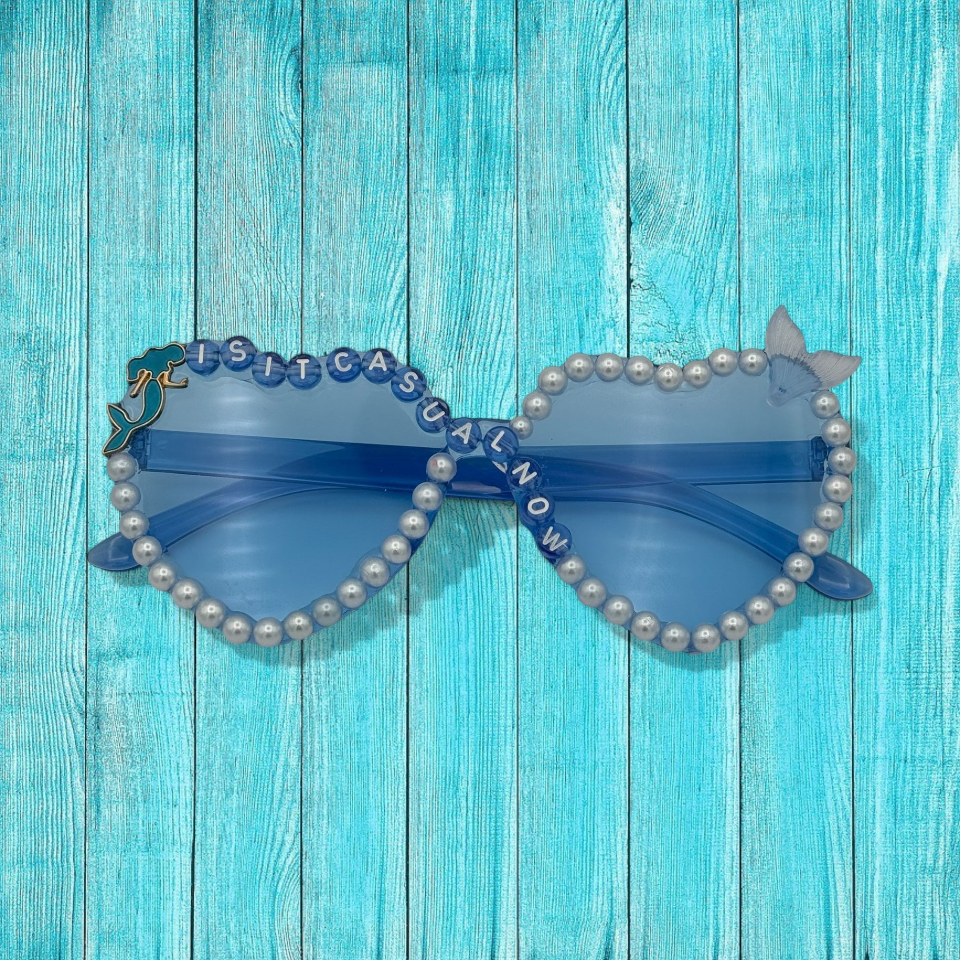 Blue heart sunglasses with pearls and mermaid tail