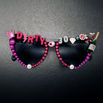 Dirty 30 Black Heart Birthday Sunglasses with pink accents