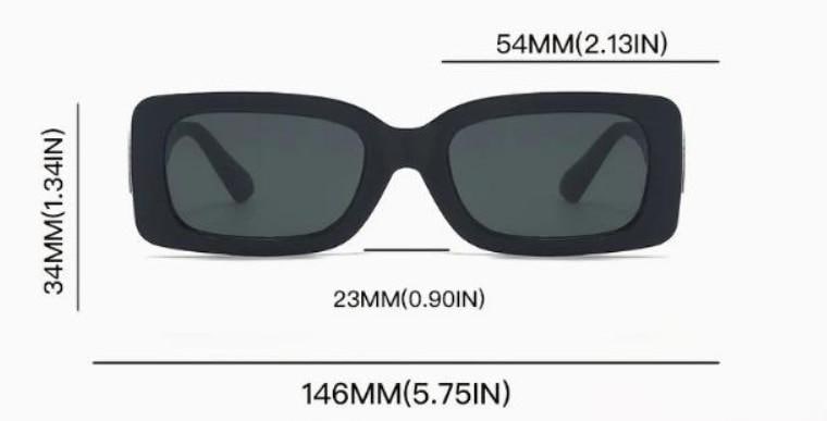 Black sunglasses with measurements on a white background