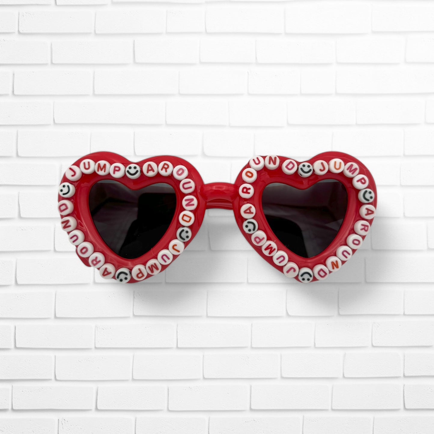 red puff heart jump around sunglasses