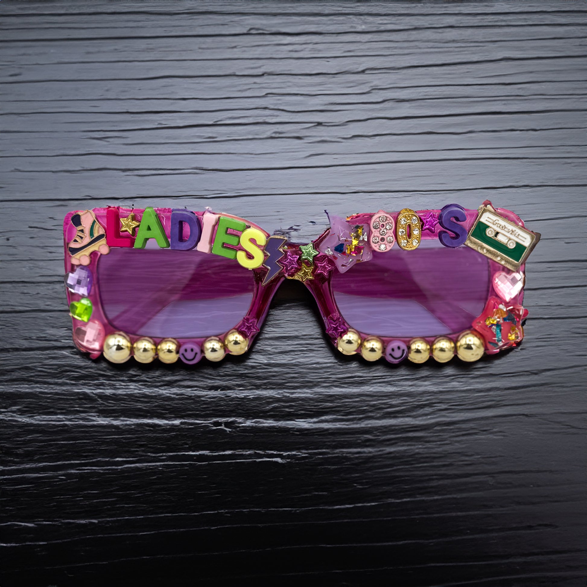 Purple rectangle sunglasses w 80s charms, pearls rhinestones