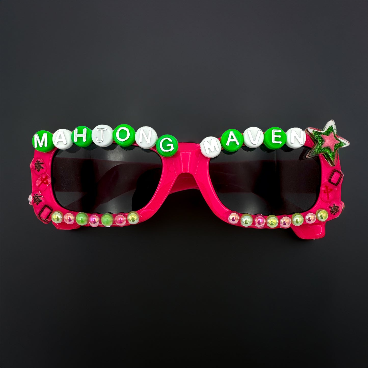 Pink rectangle sunglasses with mahjong tiles