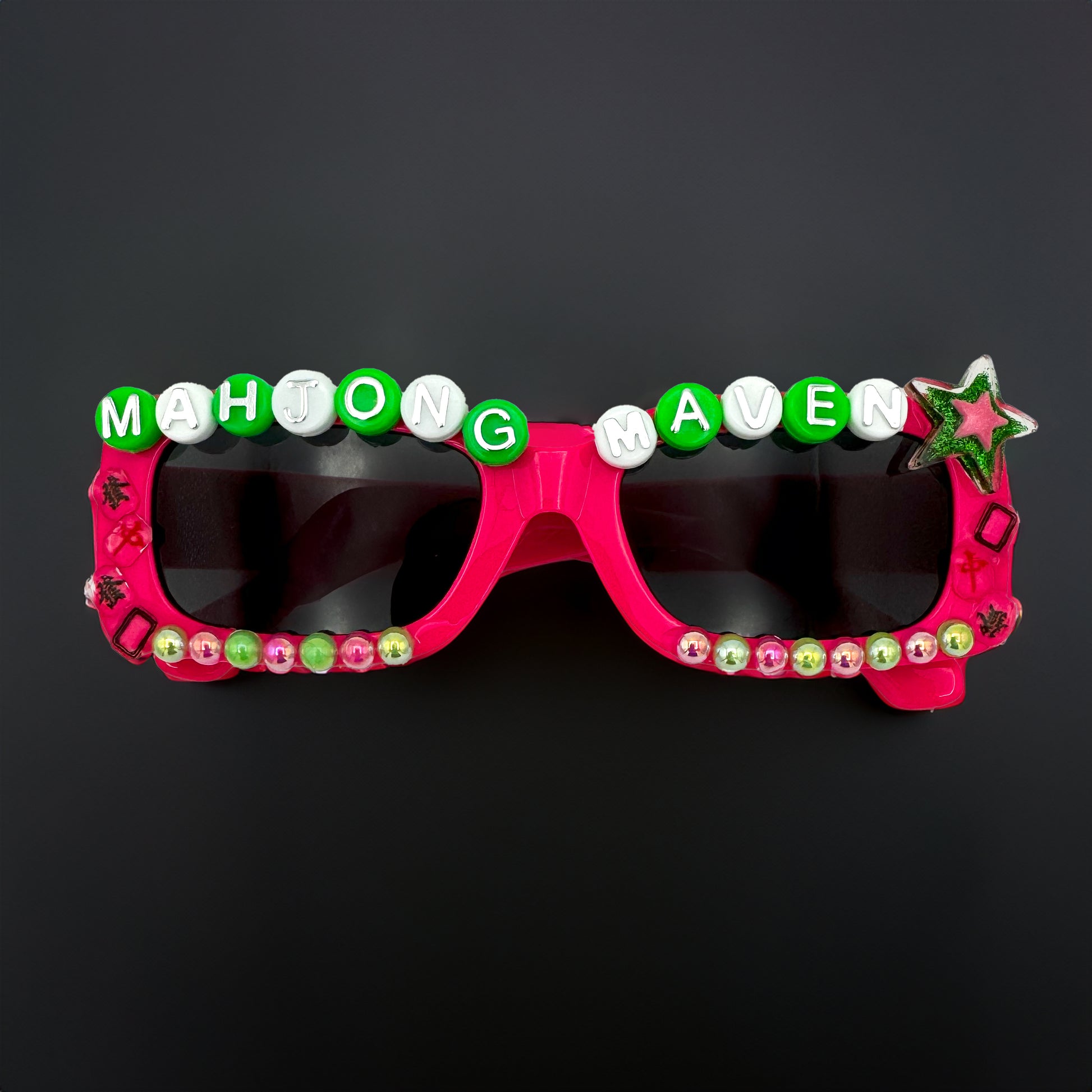 Pink rectangle sunglasses with mahjong tiles